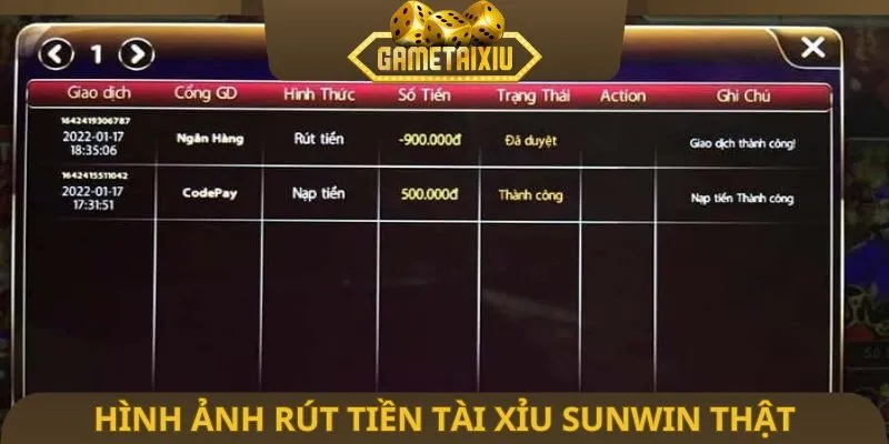 Hình ảnh rút tiền Tài Xỉu Sunwin thật